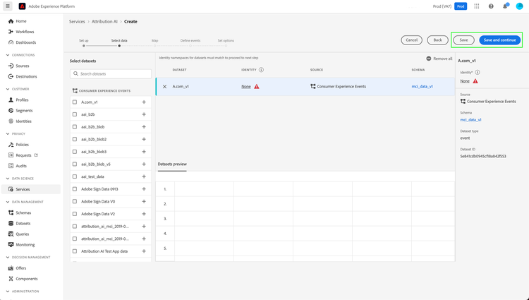 El flujo de trabajo Crear de la ficha Attribution AI de Data Science Services con Guardar y Guardar y continuar resaltado.