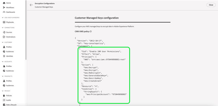 directiva muestra la configuración de claves administradas por el cliente con el KMS de CMK.