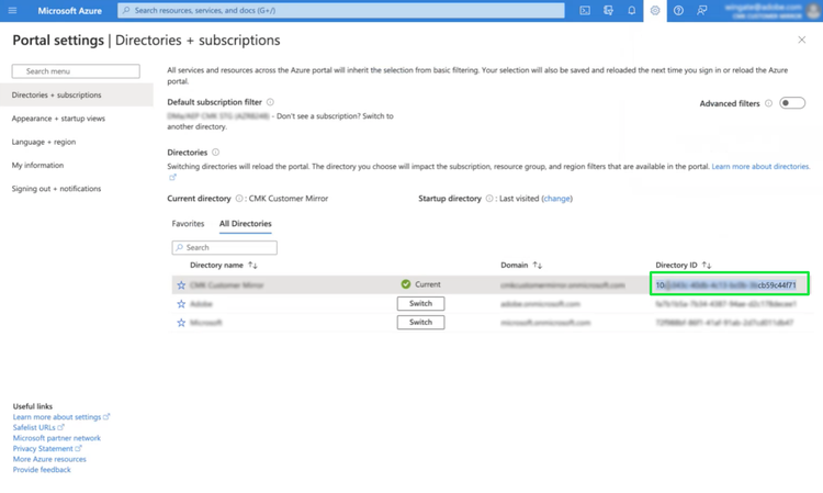 La página Configuración de portal de aplicaciones, directorios y suscripciones de la aplicación Microsoft Azure con el Id. de directorio resaltado.