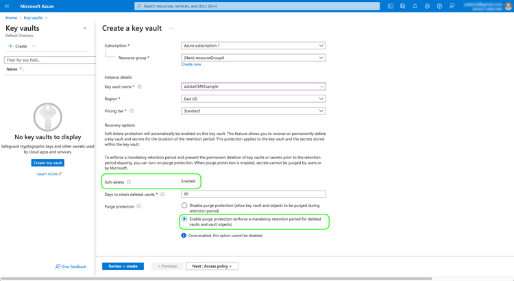 Flujo de trabajo Microsoft Azure Create a Key Vault con protección de eliminación y purga suave resaltada.