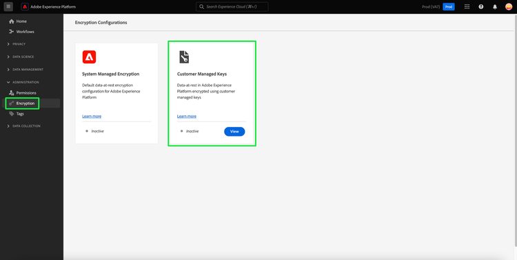 Se resaltaron el panel de configuración de cifrado con cifrado y la tarjeta Claves administradas por el cliente.