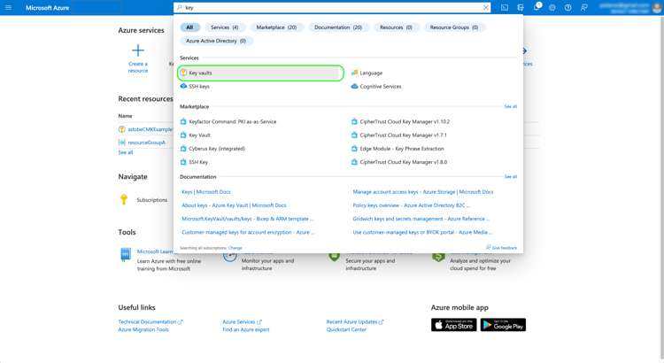 La función de búsqueda en Microsoft Azure con Key vaults resaltado en los resultados de búsqueda.