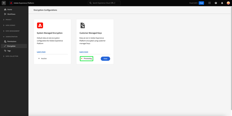 El panel de configuraciones de cifrado con procesamiento resaltado en la tarjeta Claves administradas por el cliente.