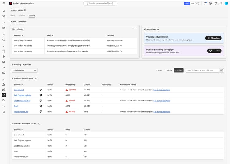 Se muestra la página de descripción general de la capacidad, que muestra el historial de alertas y las secciones de detalles de capacidad.
