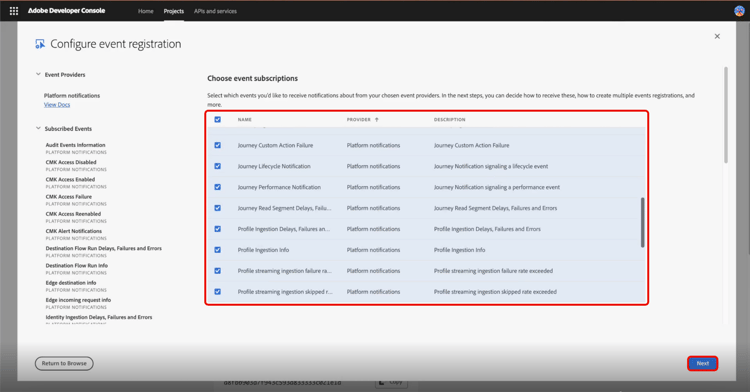La página Agregar eventos muestra la lista de eventos a los que suscribirse.