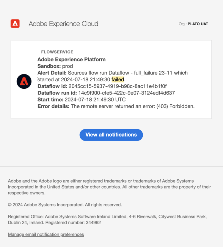 Ejemplo de correo electrónico de la notificación de alerta recibida.