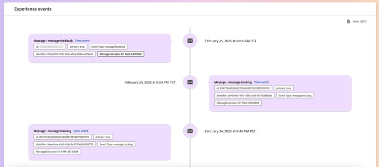 Se muestra la sección Eventos de experiencia, que muestra una cronología de los eventos de experiencia que contienen el perfil.