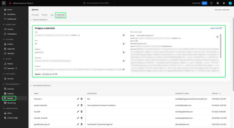 El área de trabajo Consultas del Experience Platform con la ficha Credenciales y Credenciales que caducan resaltadas.