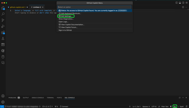 Editor de VS Code con GitHub Copilot Menu mostrado y el icono Copilot y Editar configuración resaltados.