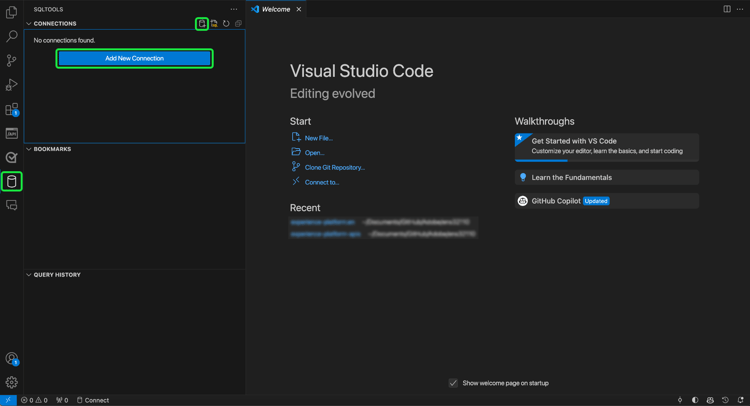 Se ha resaltado la interfaz de usuario de código de Visual Studio con la extensión SQL Tool y Agregar nueva conexión.
