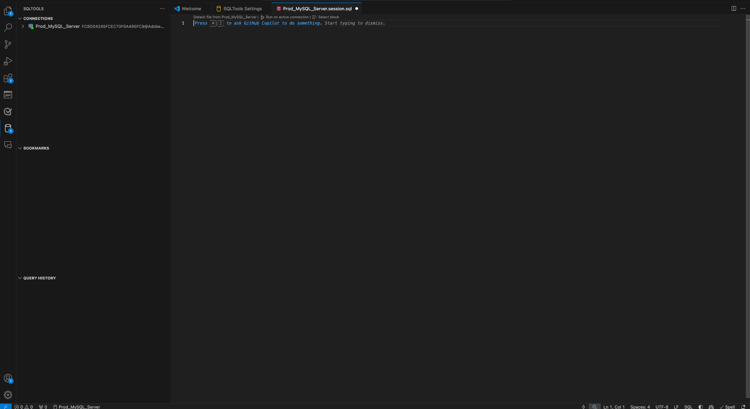 Sesión SQL conectada en VS Code.