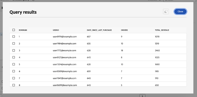 Cuadro de diálogo de resultados de la consulta para los campos de clave extraídos.