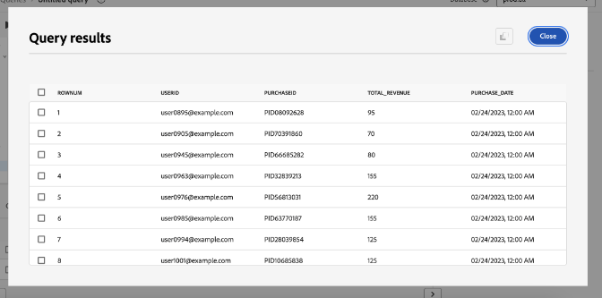 Cuadro de diálogo de resultados de la consulta para la consulta de datos de inspección.