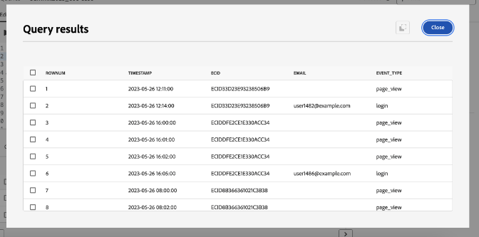Cuadro de diálogo de resultados de consulta para los resultados básicos de exploración de consultas.