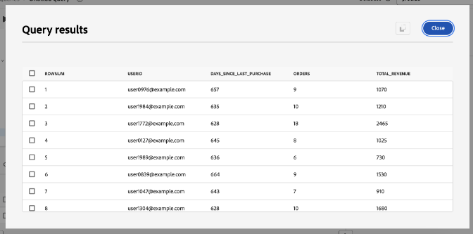 Cuadro de diálogo de resultados de la consulta para los valores RFM agregados.