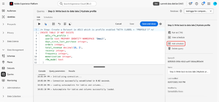 Pestaña Edición del área de trabajo de consultas con la opción Agregar programación resaltada.