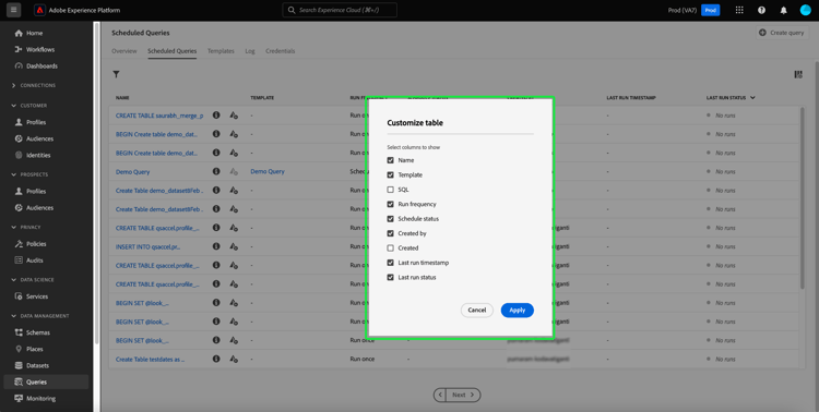 Cuadro de diálogo Personalizar configuración de tabla.