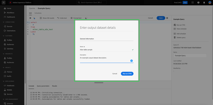 Cuadro de diálogo Introducir detalles del conjunto de datos de salida.