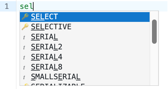 Algunos caracteres de SQL con el menú desplegable de autocompletar que proporciona opciones del Editor de consultas.