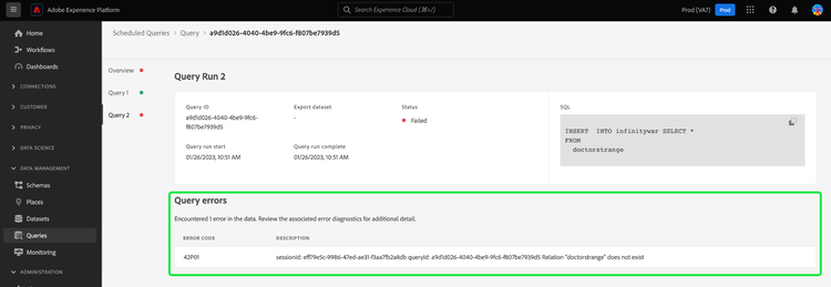 La descripción general de la ejecución de la consulta muestra una consulta de bloque anónima con el código de error de un solo bloque resaltado.