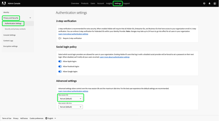 La pestaña Configuración del Admin Console con Privacidad y seguridad, Configuración de autenticación y Duración máxima de la sesión resaltadas.