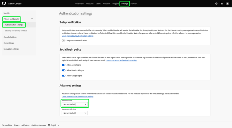 Pestaña Configuración de Admin Console con las opciones Privacidad y seguridad, Autenticación y Duración máxima de la sesión resaltadas.