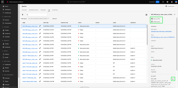 El espacio de trabajo Registro de consultas con una fila seleccionada, Ejecutar como CTAS, Eliminar consulta y el icono Copiar SQL resaltado.