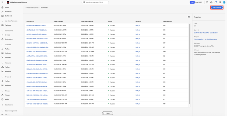 La página de detalles de programación con el botón Editar programación resaltado.