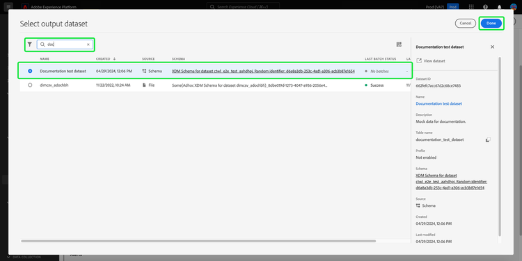 Se resaltó el cuadro de diálogo Seleccionar conjunto de datos de salida con el campo de búsqueda, una fila del conjunto de datos y Listo.