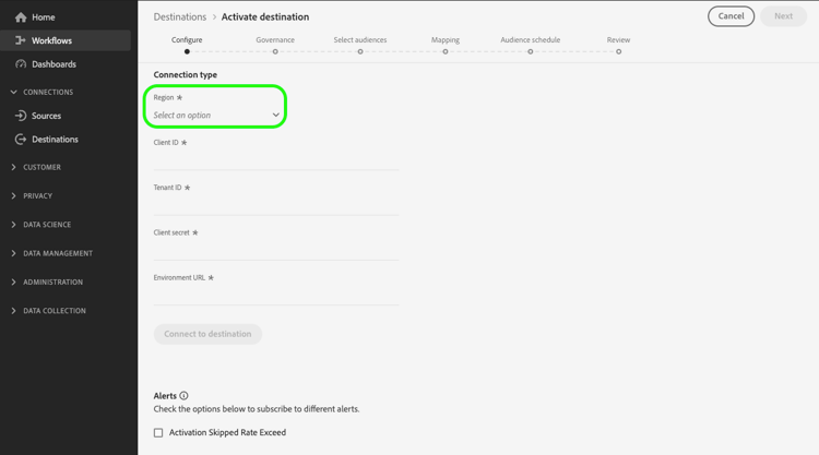 Nuevo selector de región resaltado.