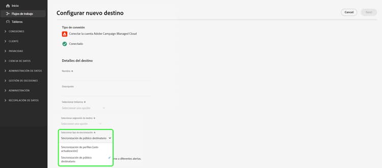 Nuevo selector Seleccionar tipo de sincronización resaltado.