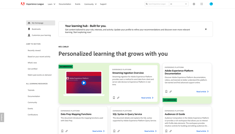 Página de inicio personalizada en Experience League.