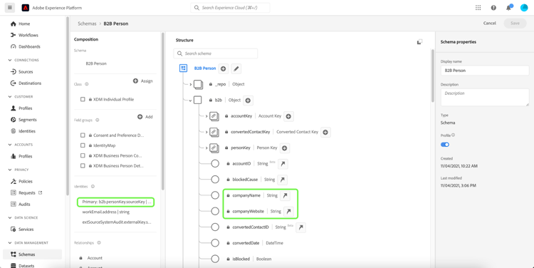 Esquema de persona B2B que muestra atributos