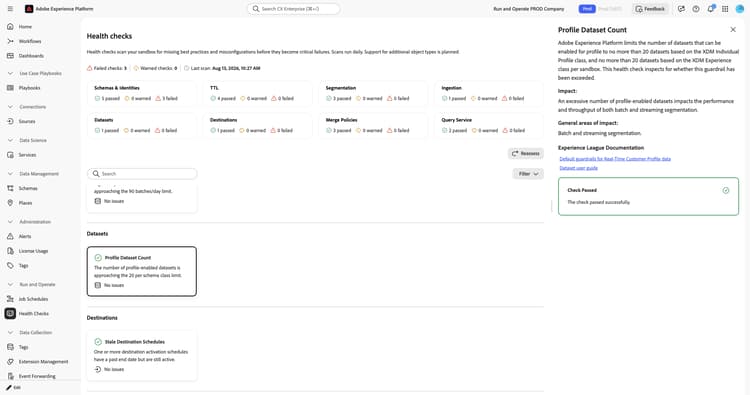 Panel de detalles de recuento de conjuntos de datos de perfil que muestra descripción, impacto, áreas generales de impacto y confirmación de comprobación superada