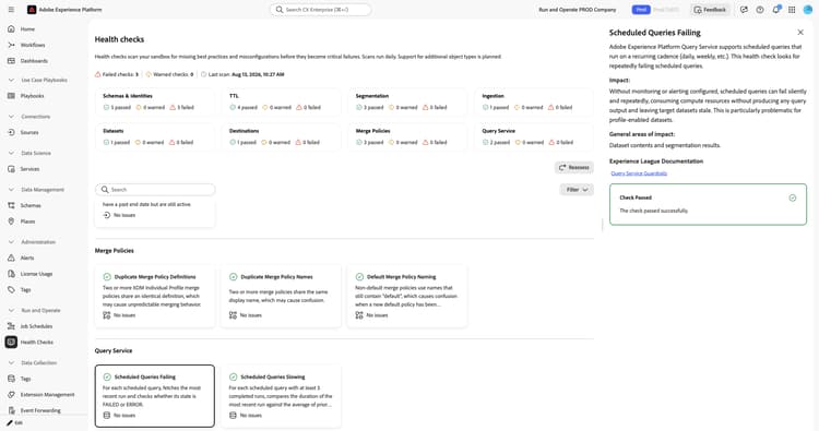 Consultas programadas con error en el panel de detalles que muestra la descripción, el impacto, las áreas generales de impacto y la confirmación de comprobación superada