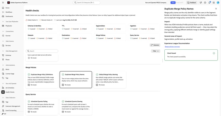 Panel de detalles Nombres de políticas de combinación duplicados que muestra descripción, impacto, áreas generales de impacto y confirmación de Comprobación superada