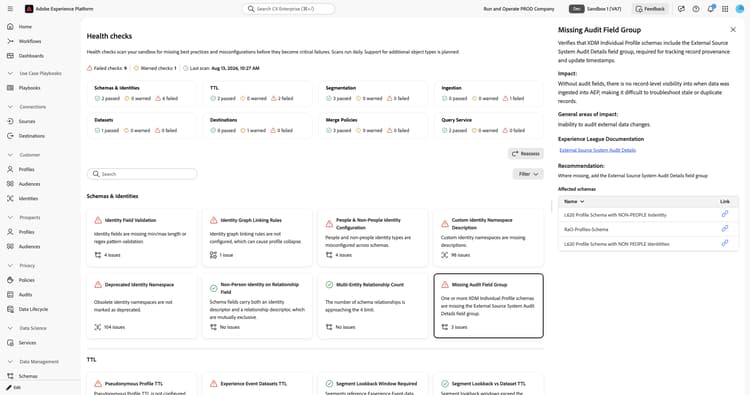 Falta el panel de detalles del grupo de campos de auditoría que muestra la descripción, el impacto, la recomendación y los esquemas afectados