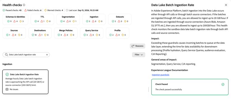Panel de detalles Tasa de ingesta por lotes de Data Lake que muestra la descripción, el impacto y las áreas generales de impacto