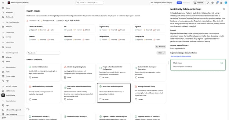 Panel de detalles de Recuento de relaciones entre varias entidades que muestra descripción, impacto, áreas generales de impacto y confirmación de Comprobación superada