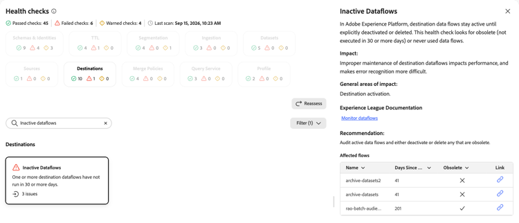 Panel de detalles de flujos de datos inactivo que muestra la descripción, el impacto y las áreas generales de impacto