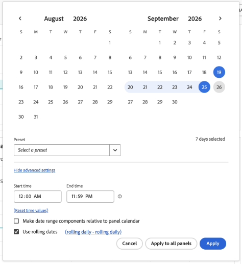 El cuadro de diálogo del intervalo de fechas de Usage Insights muestra la selección de calendario, las opciones preestablecidas, las horas de inicio y finalización, la configuración de fechas móviles y los controles para aplicar el intervalo a los paneles actuales o a todos.