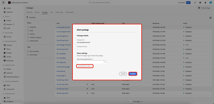 Cuadro de diálogo Compartir paquete con la configuración de Compartir y Confirmar resaltada.