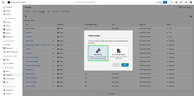 Cuadro de diálogo Crear paquete con Seleccionar objetos y la opción Seleccionar resaltada.