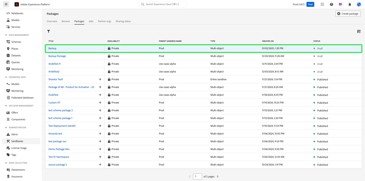 Panel de paquetes con el paquete llamado Copia de seguridad resaltado.
