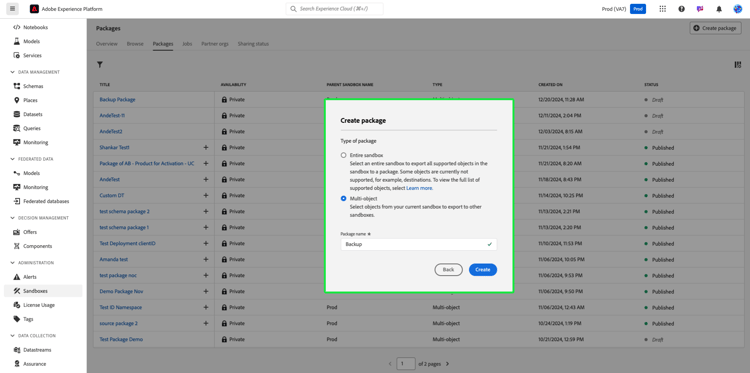 Se ha completado el cuadro de diálogo Crear paquete con Multi-object seleccionado y el nombre del paquete Copia de seguridad.