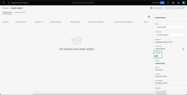 El conmutador para habilitar el esquema para el perfil está resaltado en la página de actividad del conjunto de datos.