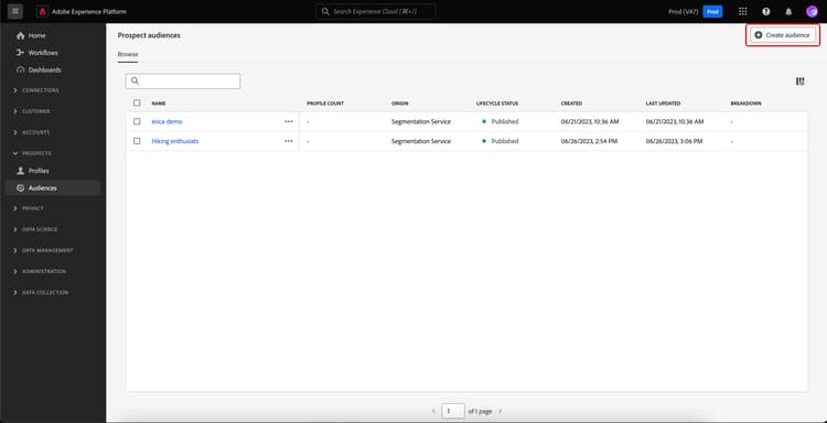 El botón Crear audiencia está resaltado en la página de exploración de audiencias de clientes potenciales.