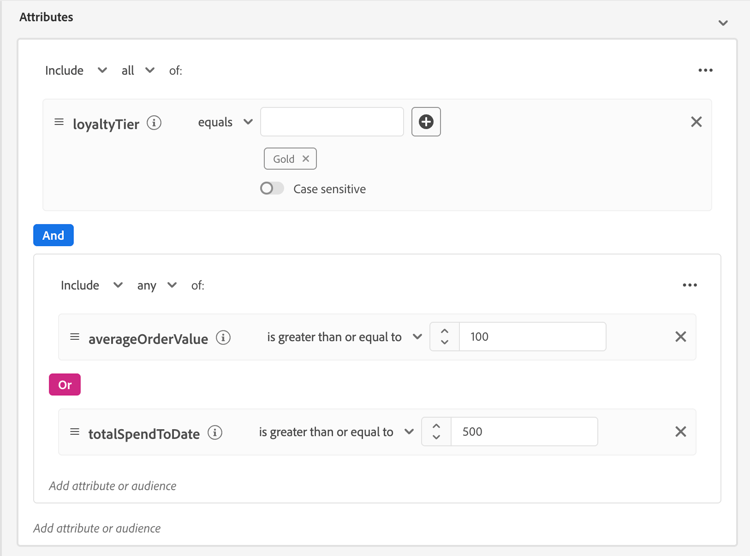 Imagen que muestra cómo usar contenedores para combinar lógica booleana y usar lógica de inclusión/exclusión.