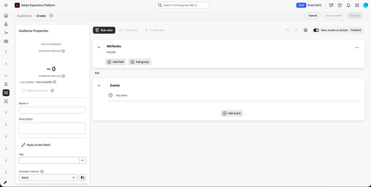 Se muestra la interfaz de usuario de Audience Builder.