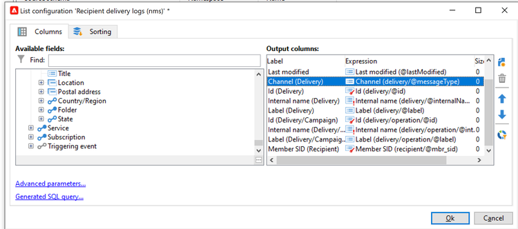 Una lista de configuraciones para los registros de envío de los destinatarios que se pueden añadir para su visualización.